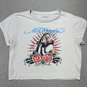 Ed Hardy Black Panther Tattoo Flash Cropped White Top T-Shirt Womens Large